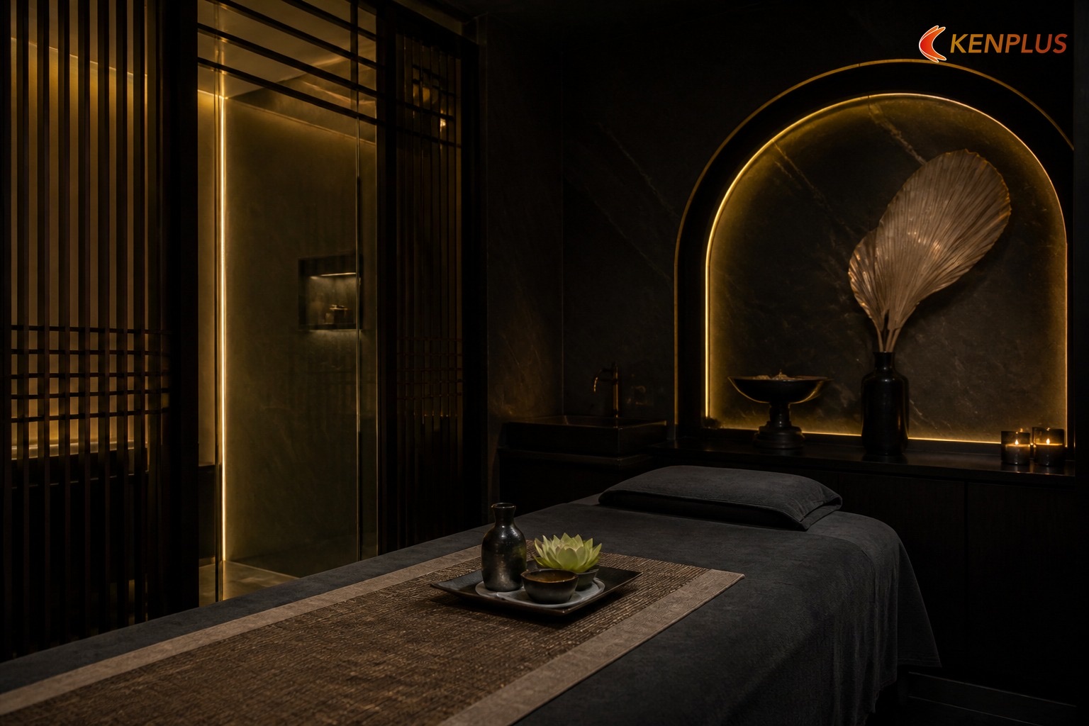 Phòng 3 VIP tông tối, hốc vòm viền đèn