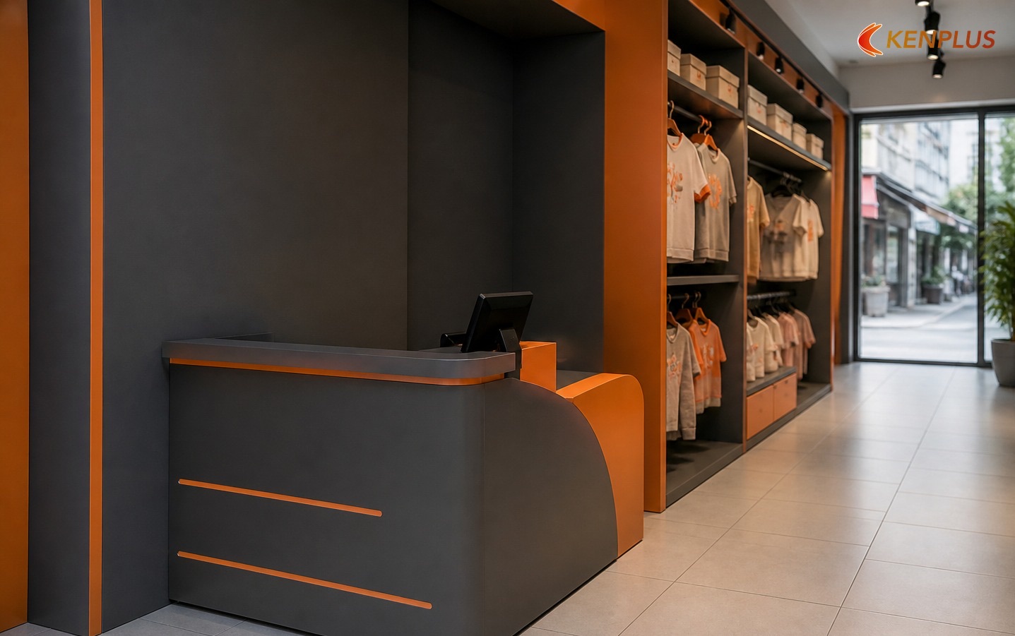 Layout dọc mẫu — shophouse 3m × 13m ≈ 39m² — Thiết kế shop thời trang trẻ em mặt tiền 3m Layout dọc mẫu — shophouse 3m × 13m ≈ 39m² — Thiết kế shop thời trang trẻ em mặt tiền 3m