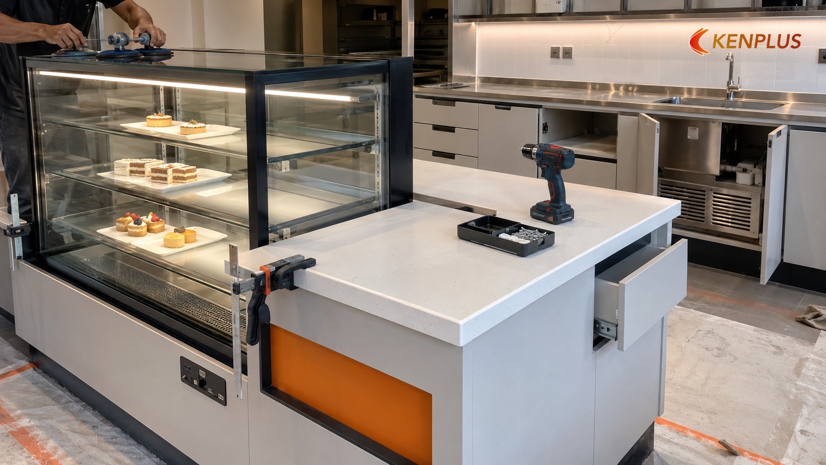 Giai đoạn thi công nội thất — tủ bếp, quầy, vitrine — Quy trình thi công tiệm bánh ngọt từ A đến Z Giai đoạn thi công nội thất — tủ bếp, quầy, vitrine — Quy trình thi công tiệm bánh ngọt từ A đến Z