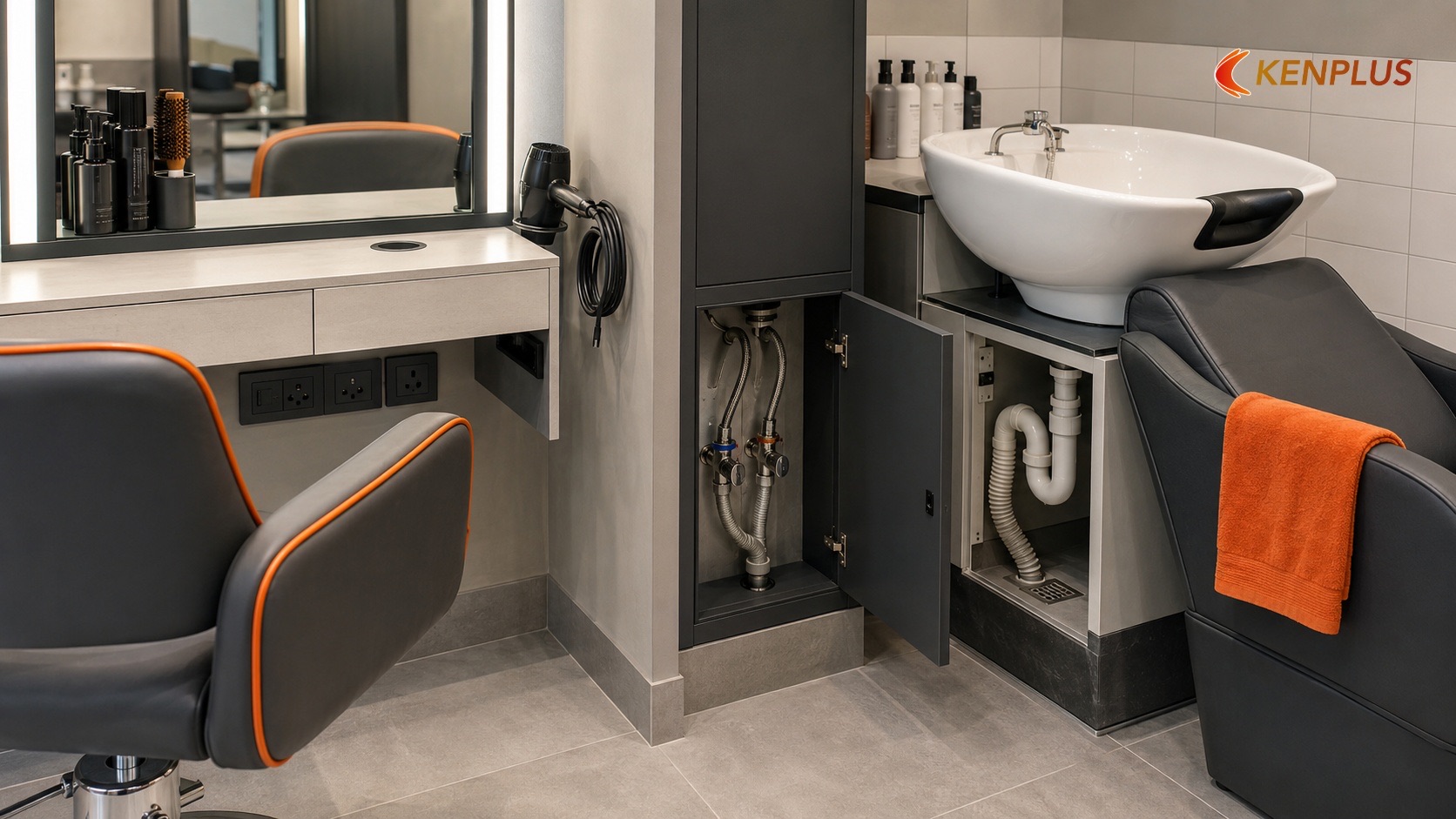 Bảng cấp thoát nước và ổ cắm — salon nữ 30 m² — Cách bố trí salon tóc nữ 30m² hợp lý