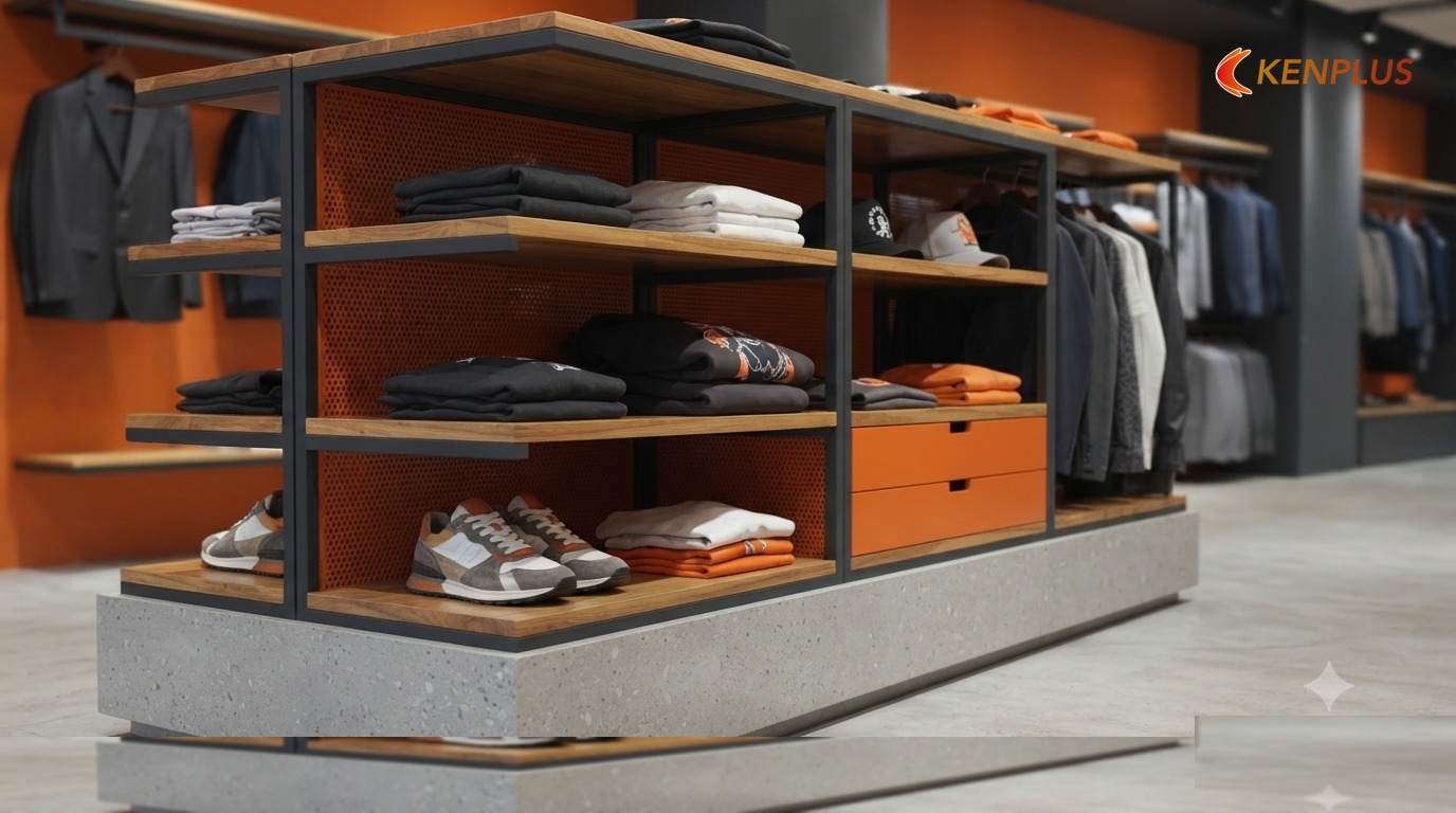 Hướng ý tưởng 2: Đảo streetwear giữa nhà (streetwear island) — Ý tưởng thiết kế shop thời trang nam 50m² Hướng ý tưởng 2: Đảo streetwear giữa nhà (streetwear island) — Ý tưởng thiết kế shop thời trang nam 50m²
