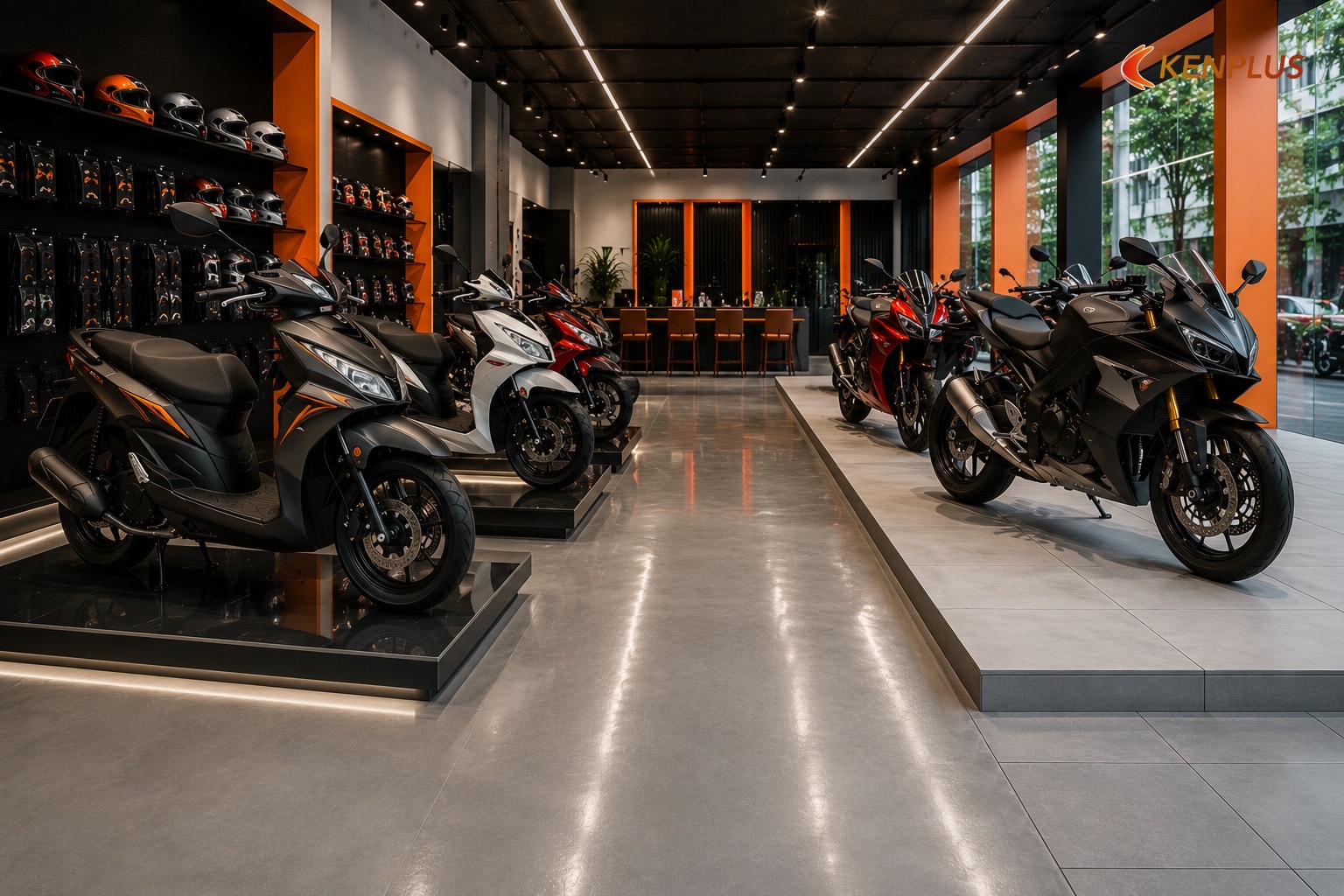 Sàn — epoxy chịu tải và gạch heavy duty — Chọn vật liệu thi công showroom xe máy Sàn — epoxy chịu tải và gạch heavy duty — Chọn vật liệu thi công showroom xe máy