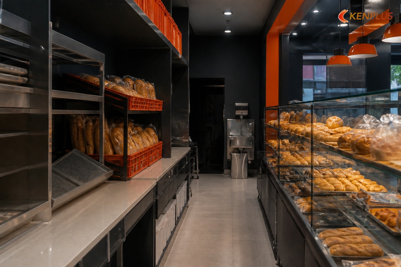 Luồng khách và luồng nhân viên — Layout vitrine + bếp 40–80 m² Luồng khách và luồng nhân viên — Layout vitrine + bếp 40–80 m²
