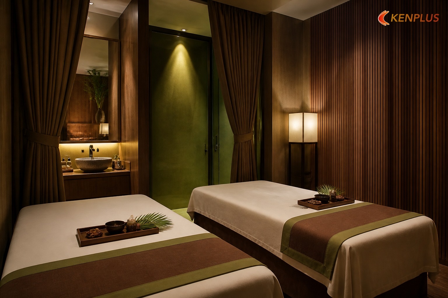 Phòng spa hai giường, vách gỗ lam tối, rèm nâu và khăn phủ viền xanh rêu