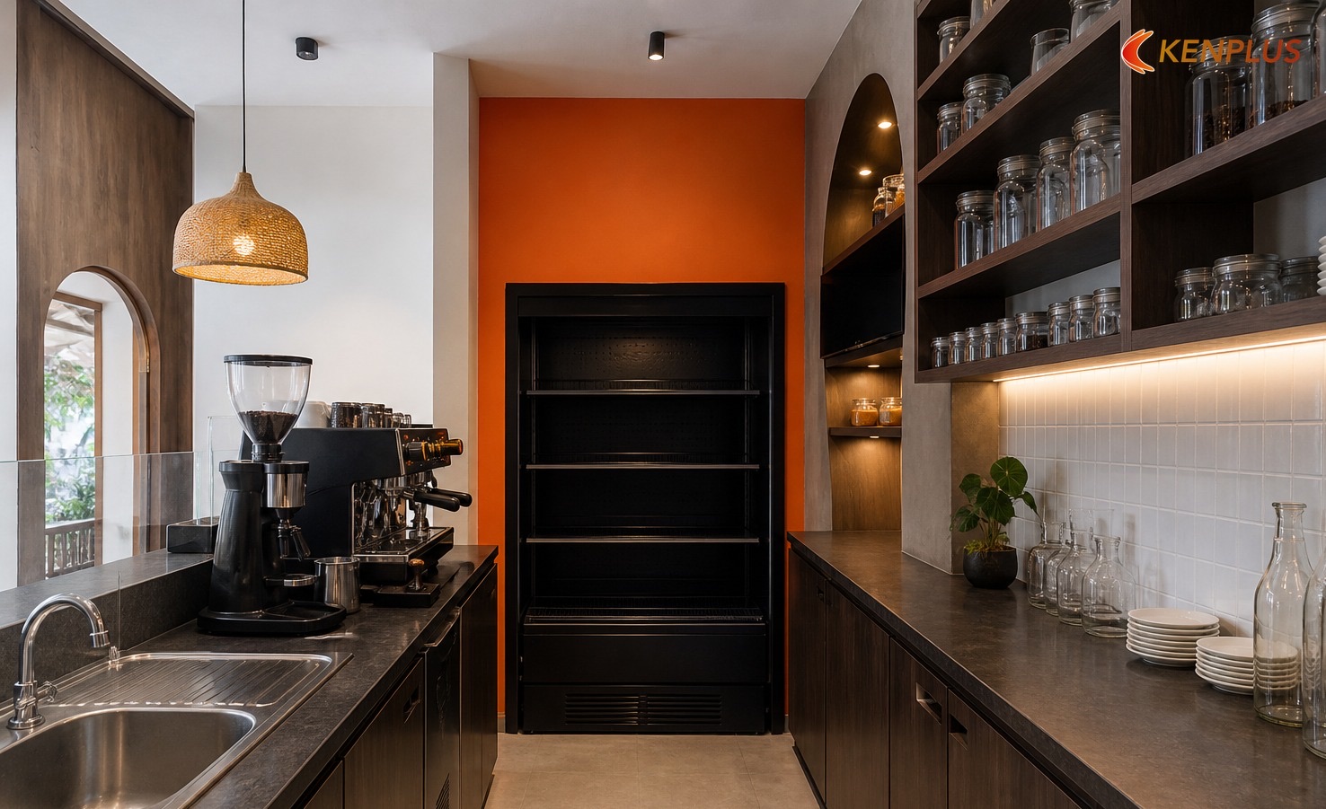 Luồng khách — một cửa, một quầy — Cách bố trí quán cafe nhỏ 50m² hợp lý Luồng khách — một cửa, một quầy — Cách bố trí quán cafe nhỏ 50m² hợp lý