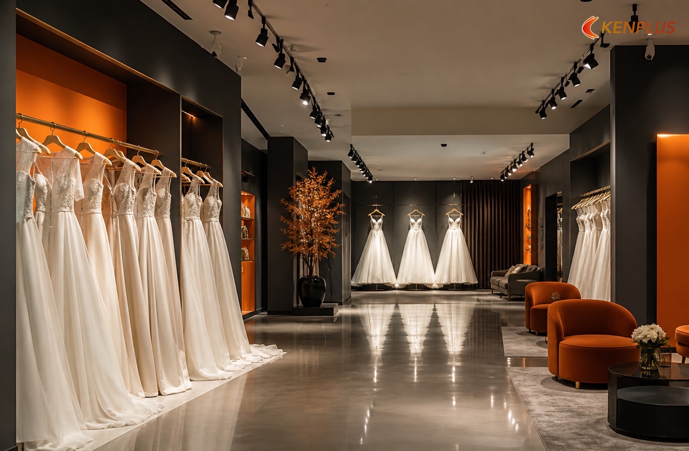 Luồng khách và thi công tủ váy — showroom 60 m² — Chi phí thi công showroom váy cưới 60m² Luồng khách và thi công tủ váy — showroom 60 m² — Chi phí thi công showroom váy cưới 60m²