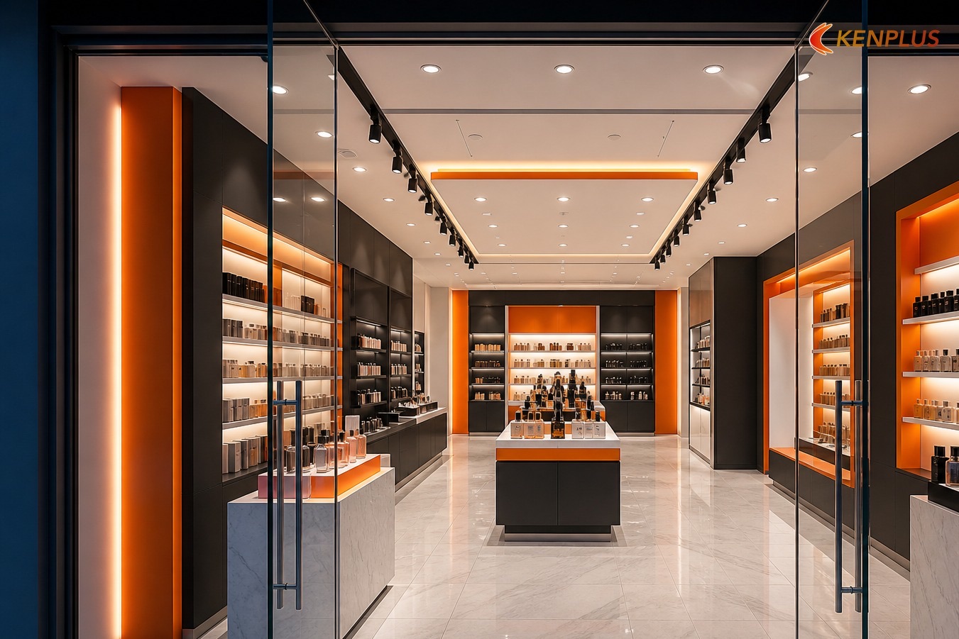 Biến thể mặt bằng góc 5×8m — phân khu chữ L — Mặt bằng shop mỹ phẩm cao cấp 40m² bố trí thế nào