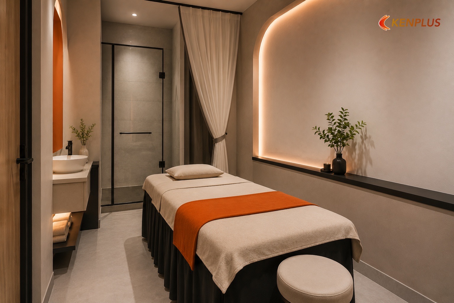 Bảng kích thước phòng treatment (chuẩn bố trí) — Cách bố trí spa mini 50m² hợp lý Bảng kích thước phòng treatment (chuẩn bố trí) — Cách bố trí spa mini 50m² hợp lý