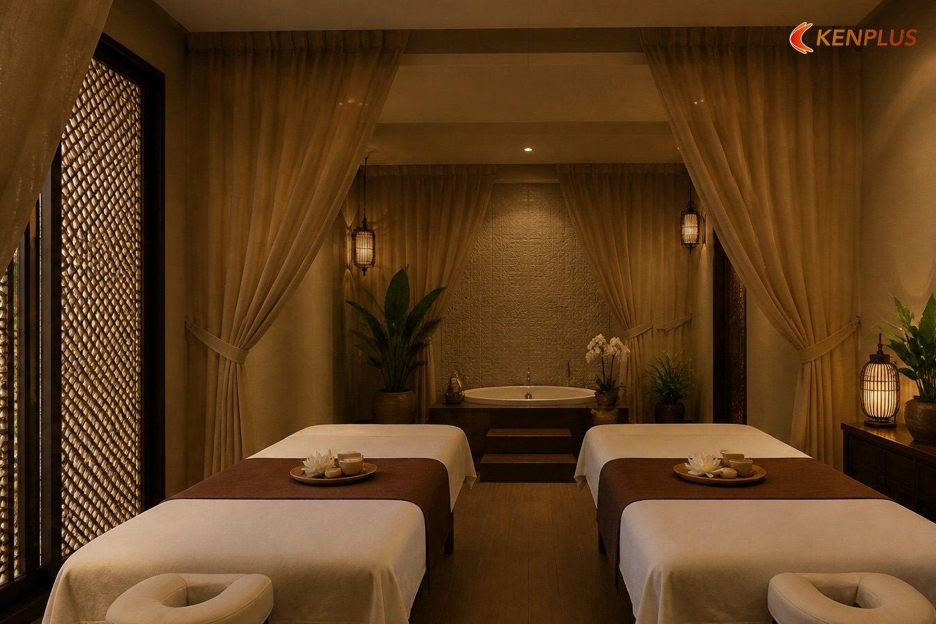 Phòng massage đôi phong cách Indochine, vách lam gỗ, rèm vải, đèn lồng và bồn ngâm phía sau