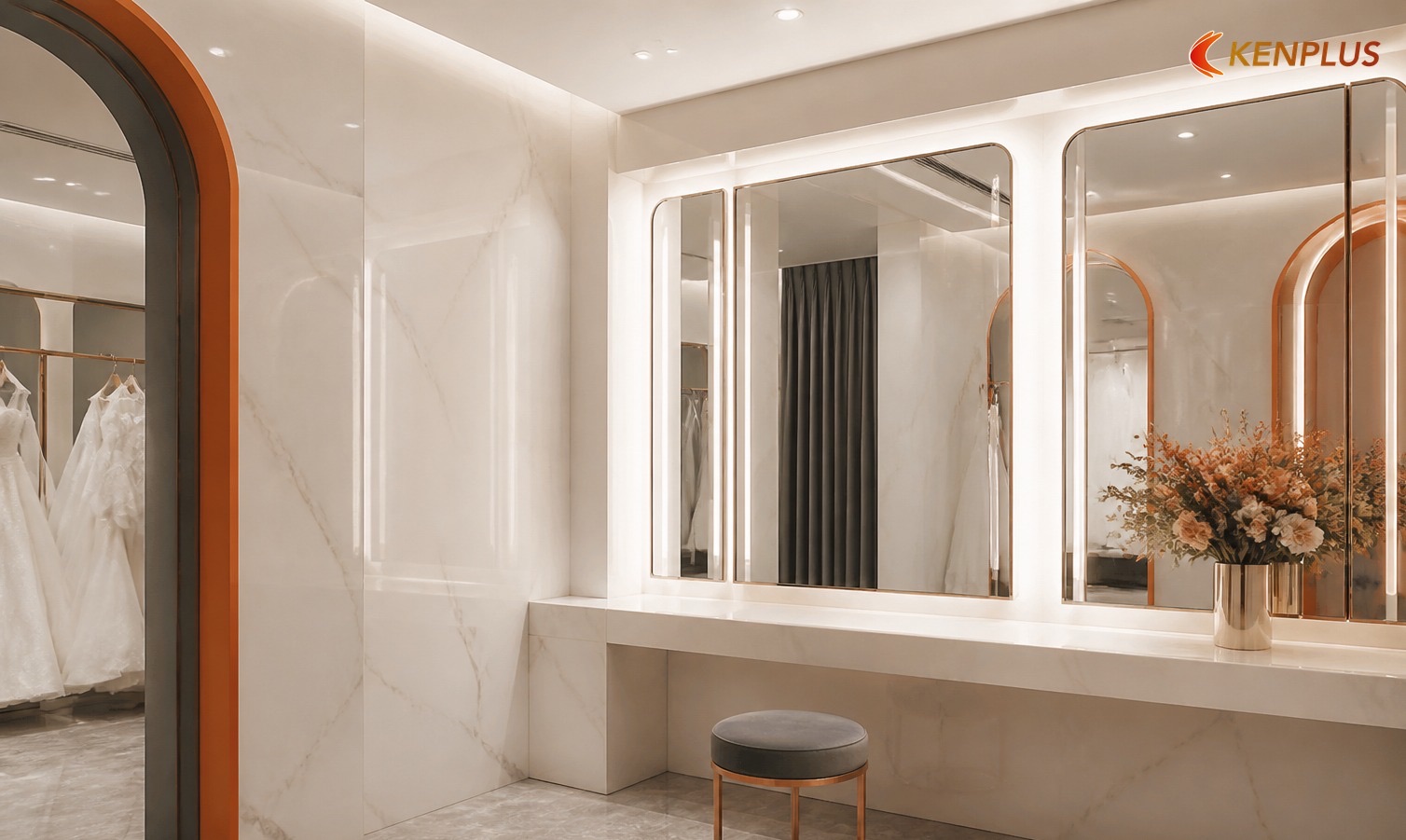 Sơ đồ showroom–makeup–studio trên 60 m² — Chi phí thi công showroom váy cưới 60m² Sơ đồ showroom–makeup–studio trên 60 m² — Chi phí thi công showroom váy cưới 60m²