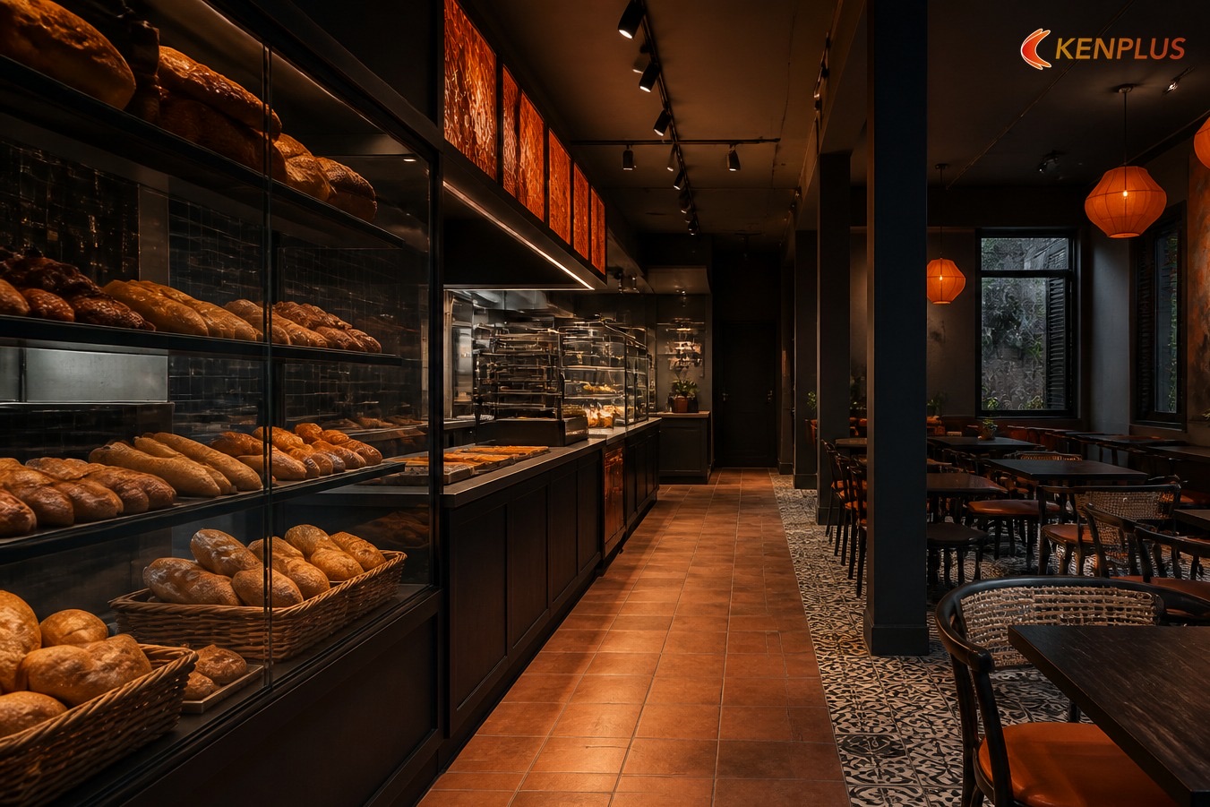 Luồng khách và luồng nhân viên — Hybrid bakery–café seating