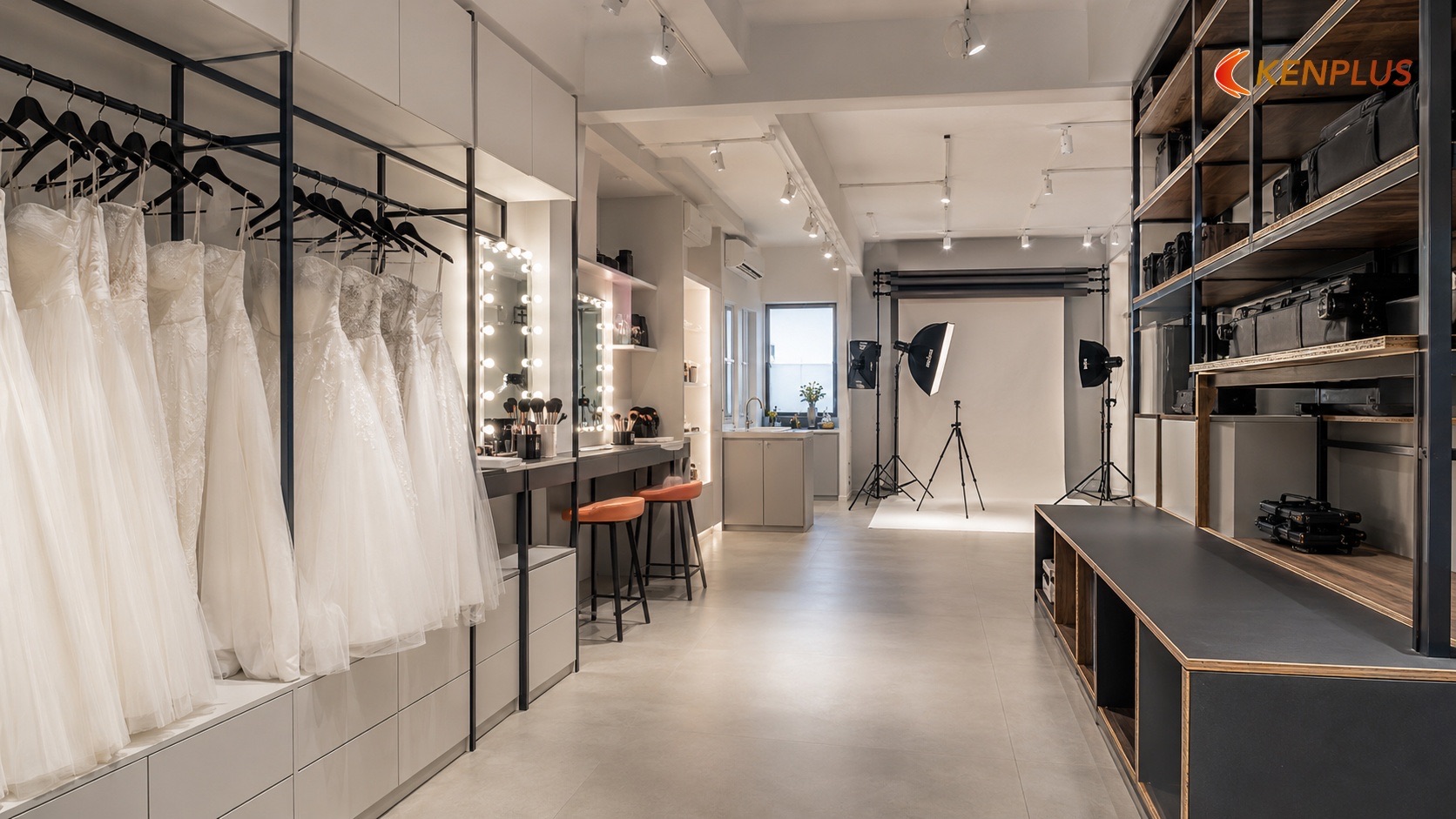 Sơ đồ showroom – makeup – studio: ẩm, tải, ván ưu tiên — MDF hay plywood cho studio áo cưới