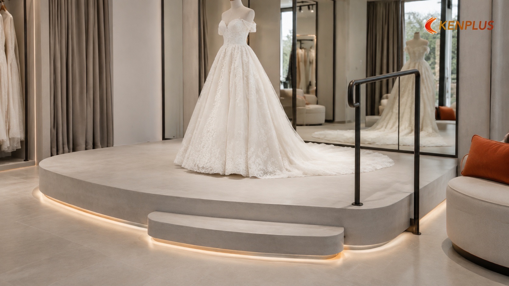 Bảng kích thước bục thử váy — W×D×H, bậc, tay vịn, clearance — Kích thước bục thử váy studio áo cưới bao nhiêu hợp lý Bảng kích thước bục thử váy — W×D×H, bậc, tay vịn, clearance — Kích thước bục thử váy studio áo cưới bao nhiêu hợp lý