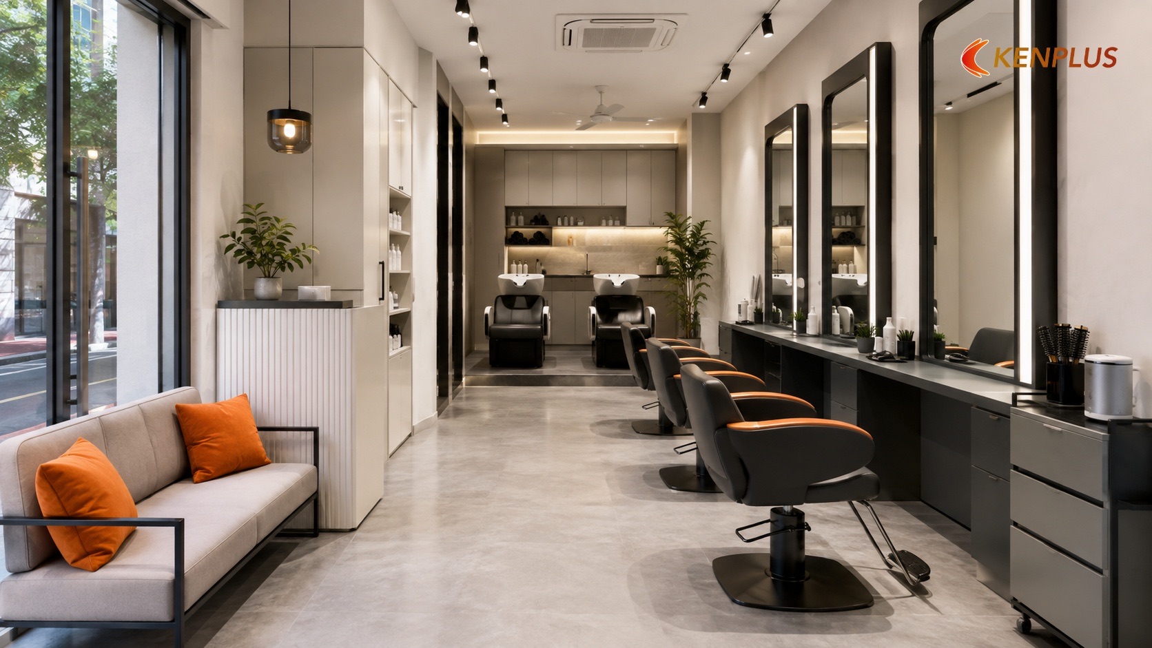 Layout 30 m² — một trục chờ, cắt, gội — Cách bố trí salon tóc nữ 30m² hợp lý