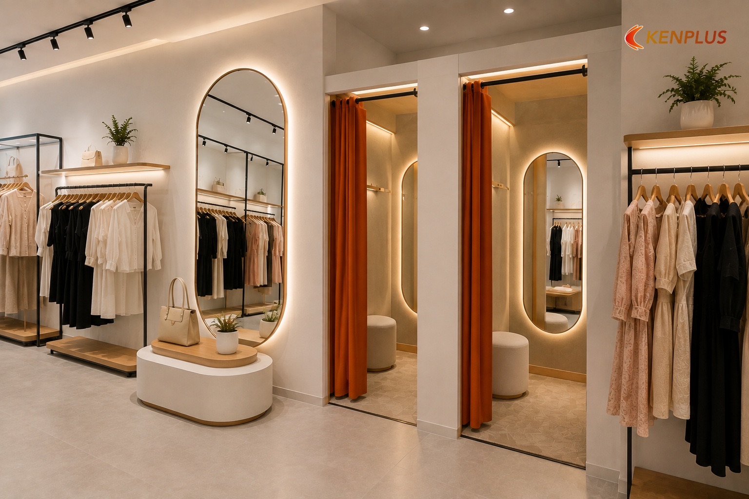 Phòng thử, gương và đèn — ba điểm quyết định trải nghiệm — Thiết kế shop thời trang nữ tại Hà Nội Phòng thử, gương và đèn — ba điểm quyết định trải nghiệm — Thiết kế shop thời trang nữ tại Hà Nội