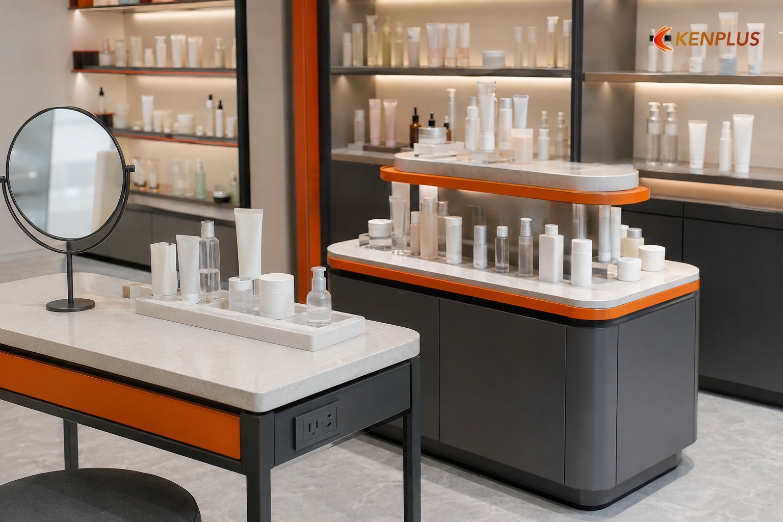 Bảng kích thước quầy/kệ tham chiếu — tester, kệ tường, đảo — Mở shop mỹ phẩm Hàn Quốc cần giấy phép gì