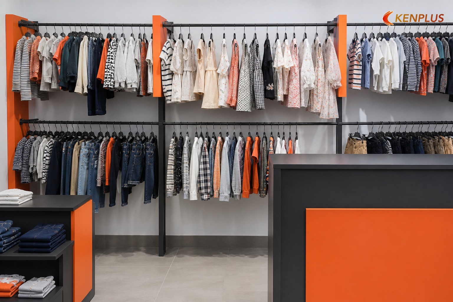 Bảng mật độ giá treo/kệ — tham chiếu quầy và kệ impulse — Vật liệu làm quầy cho shop thời trang trẻ em Bảng mật độ giá treo/kệ — tham chiếu quầy và kệ impulse — Vật liệu làm quầy cho shop thời trang trẻ em