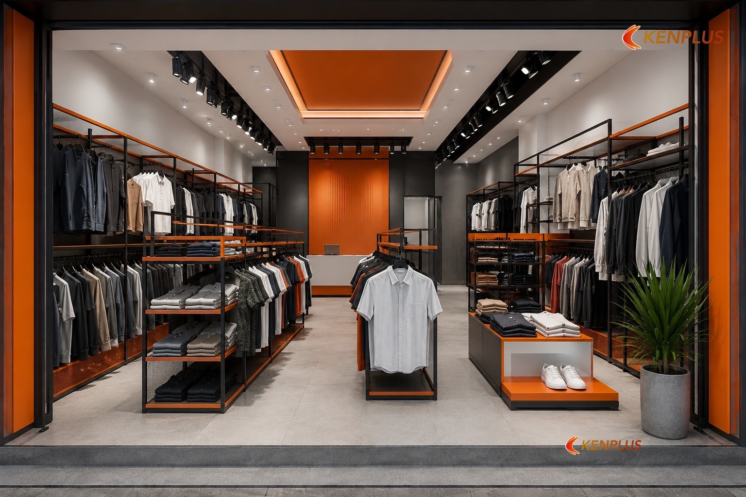 Tải cháy vải vóc và hàng treo trong shop thời trang nam
