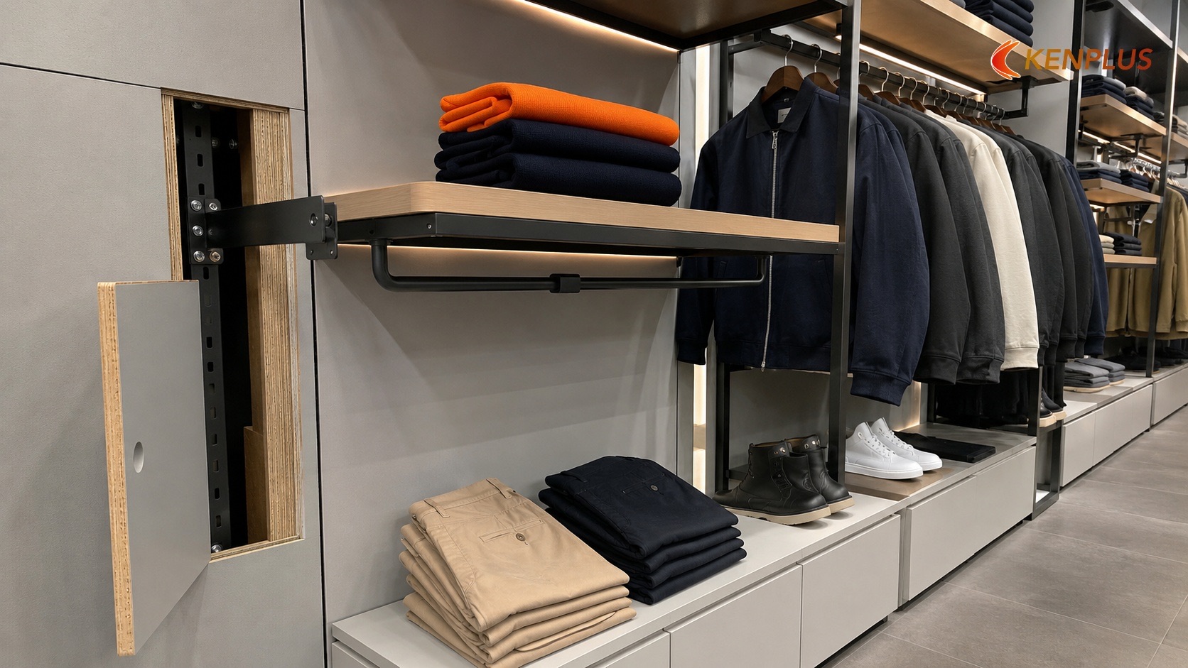 Vật liệu tường treo và khu trưng bày — Chọn vật liệu thi công shop thời trang nam