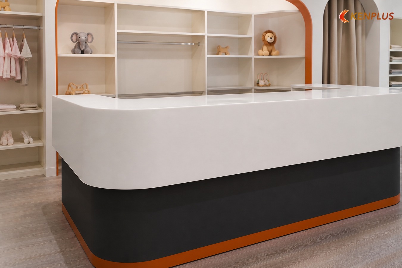 Solid surface — bo liền khối, vệ sinh cao — Vật liệu làm quầy cho shop thời trang trẻ em Solid surface — bo liền khối, vệ sinh cao — Vật liệu làm quầy cho shop thời trang trẻ em