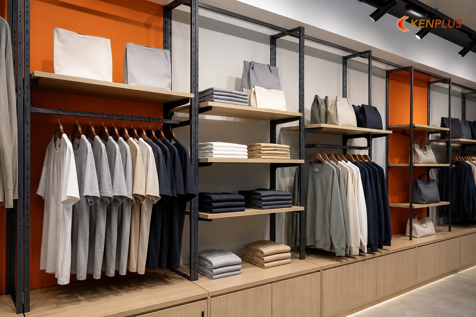 Zone 2: Tường treo và category (hang walls) — Mặt bằng shop thời trang nam 80m² bố trí thế nào Zone 2: Tường treo và category (hang walls) — Mặt bằng shop thời trang nam 80m² bố trí thế nào