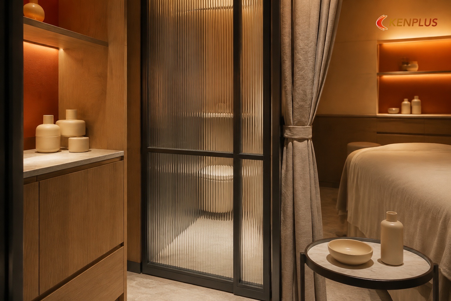 Ý tưởng 2: Warm boutique — spa da ấm, riêng tư — Ý tưởng thiết kế spa chăm sóc da 80m² Ý tưởng 2: Warm boutique — spa da ấm, riêng tư — Ý tưởng thiết kế spa chăm sóc da 80m²