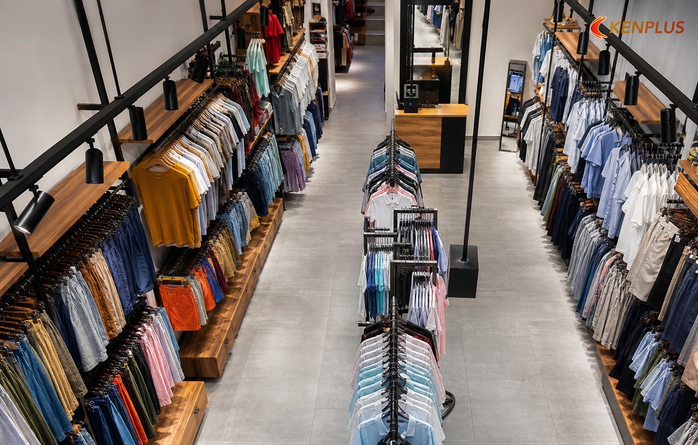 Mẫu 09 — Outlet — mật độ treo cao — 25+ mẫu thiết kế shop thời trang đẹp 2026 Mẫu 09 — Outlet — mật độ treo cao — 25+ mẫu thiết kế shop thời trang đẹp 2026